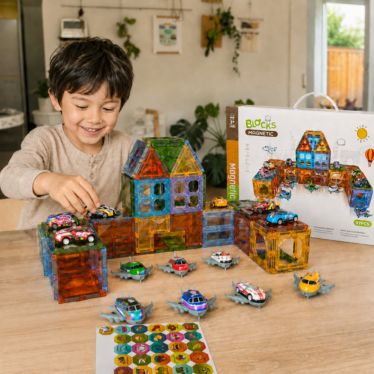 97-Piece Magnetic Tile Set - mini cars, planes and stickers