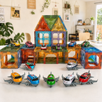 97-Piece Magnetic Tile Set - mini cars, planes and stickers