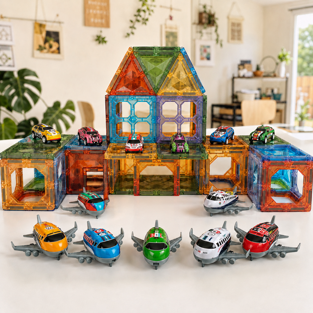 97-Piece Magnetic Tile Set - mini cars, planes and stickers