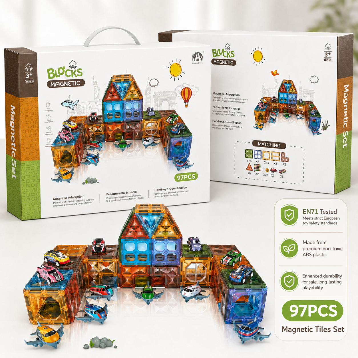 97-Piece Magnetic Tile Set - mini cars, planes and stickers