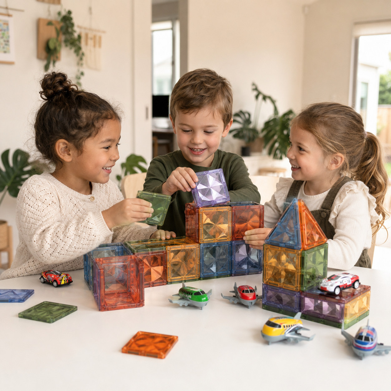97-Piece Magnetic Tile Set - mini cars, planes and stickers
